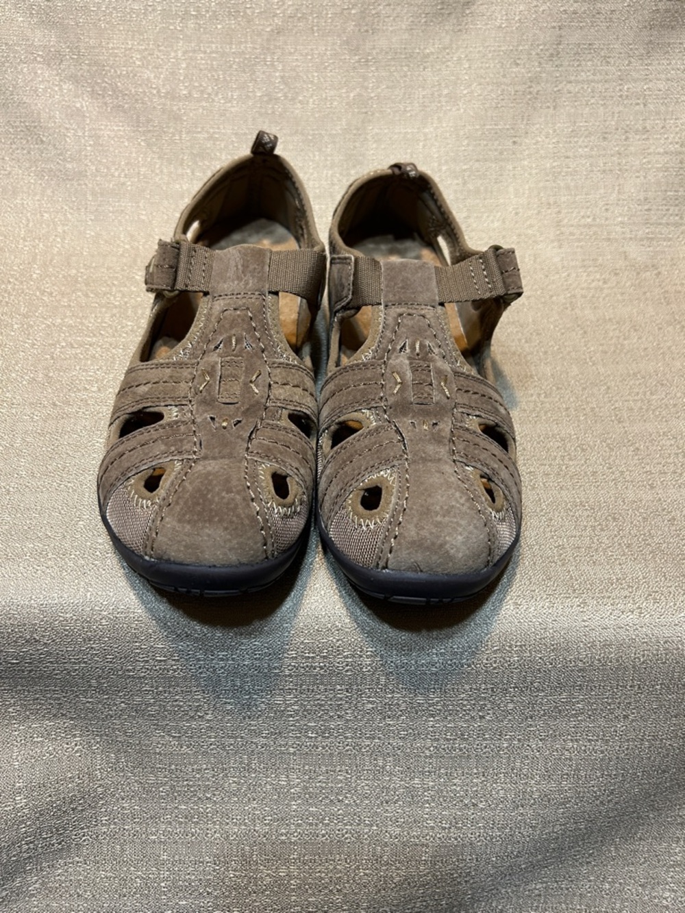 Drexlite Taupe Suede Closed-Toe Sandal with Back Strap